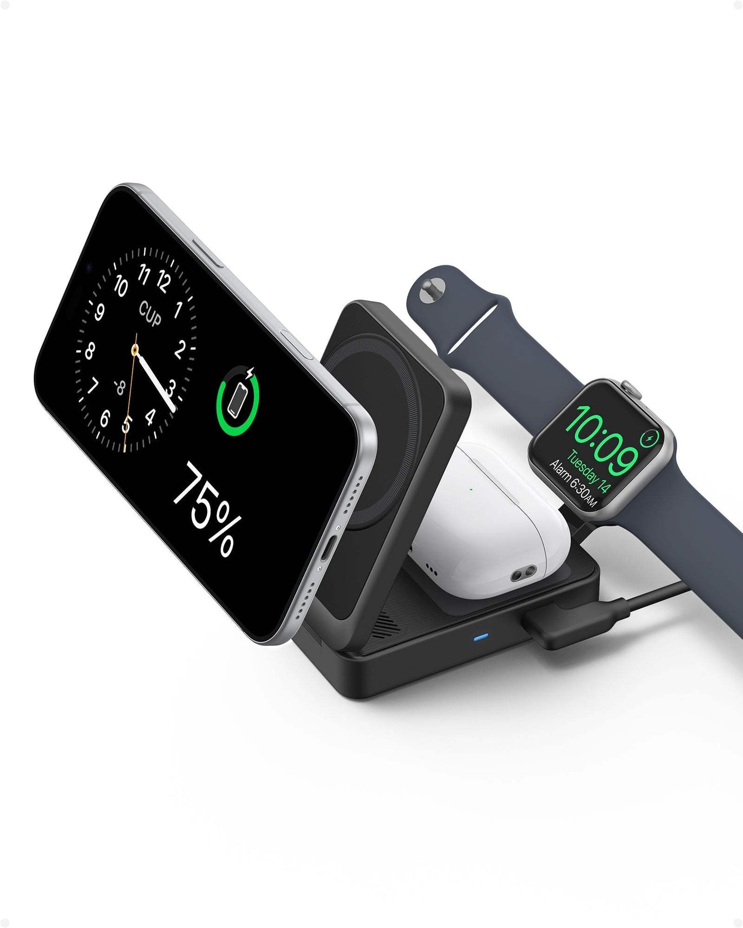 Foldable 3-in-1 wireless charging station with 15W ultra-fast charging for iPhone, AirPods, and Apple Watch.