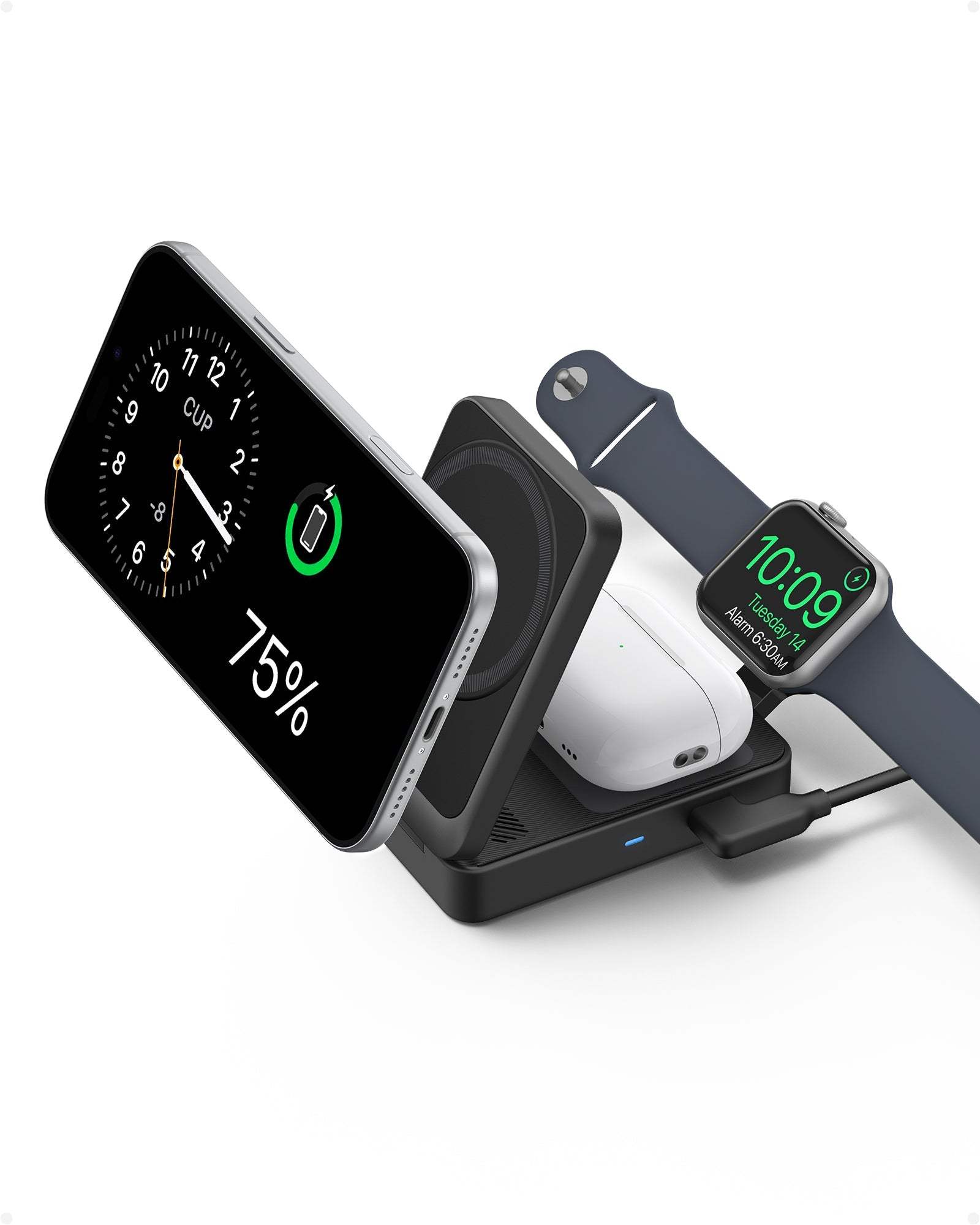 Foldable 3-in-1 wireless charging station with 15W ultra-fast charging for iPhone, AirPods, and Apple Watch.