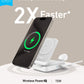 Foldable 3-in-1 wireless charging station charging iPhone, AirPods, and Apple Watch with adjustable phone stand