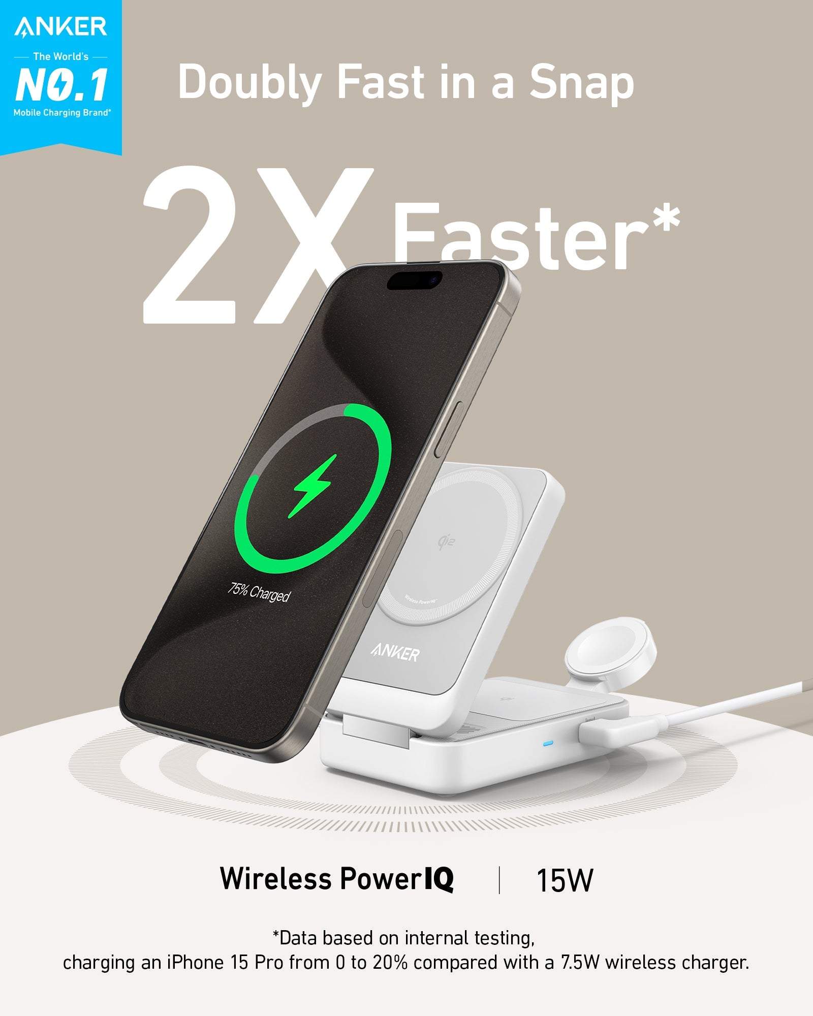 Foldable 3-in-1 wireless charging station charging iPhone, AirPods, and Apple Watch with adjustable phone stand