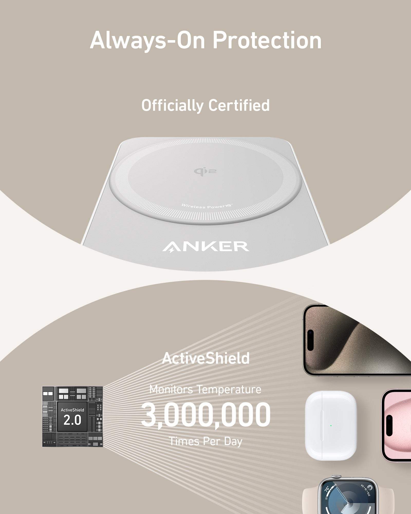 Foldable 3-in-1 wireless charging station with 15W fast Qi2 charging for iPhone, AirPods, and Apple Watch