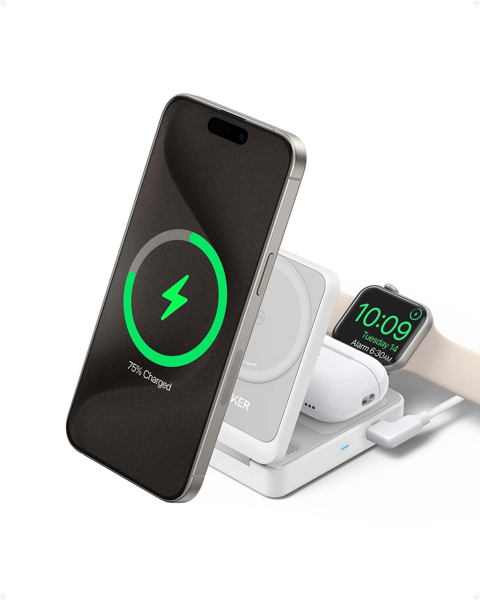 Foldable 3-in-1 wireless charging station with 15W ultra-fast charging for iPhone, AirPods, and Apple Watch