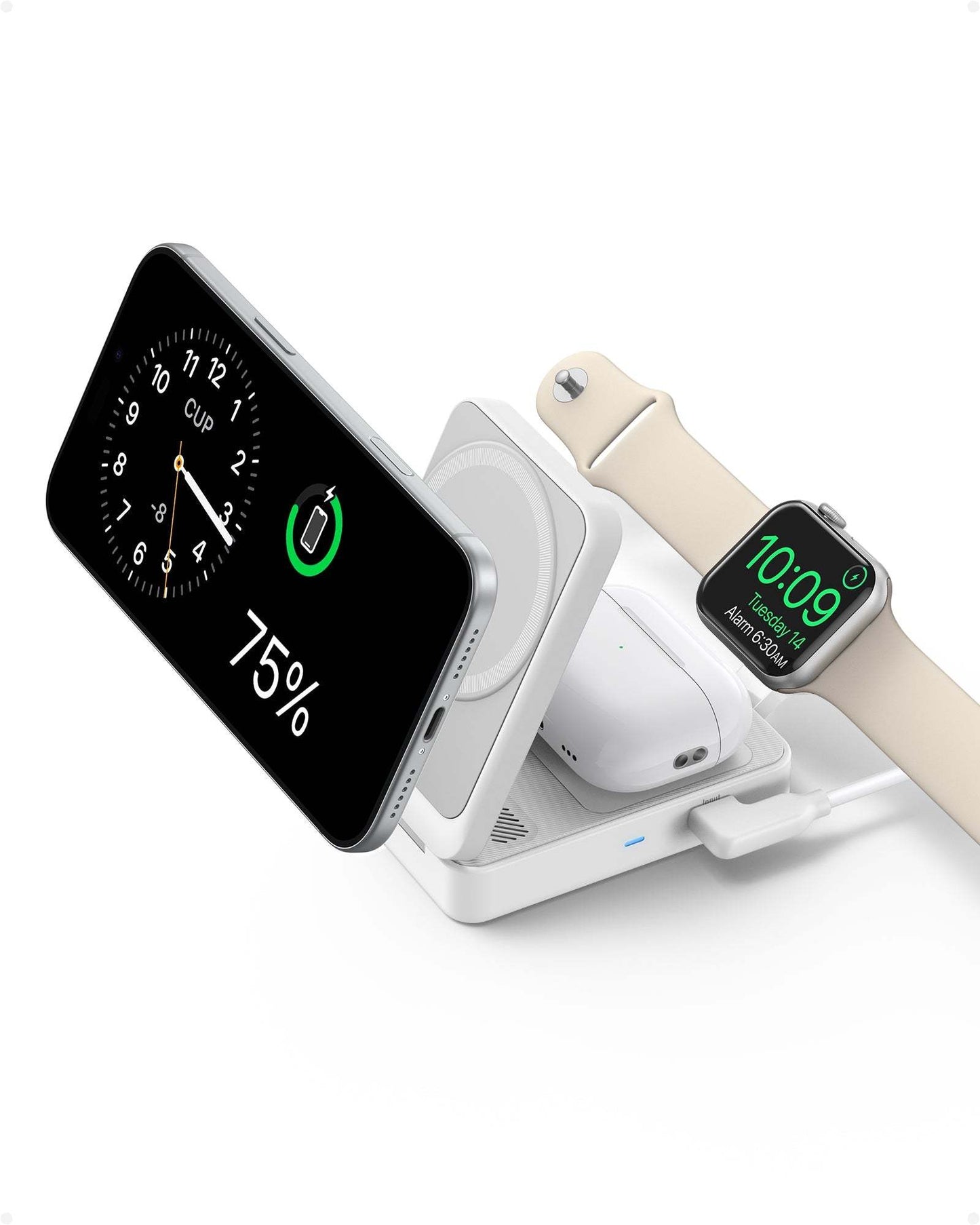 Compact foldable wireless charging station with 3-in-1 functionality for iPhone, AirPods, and Apple Watch