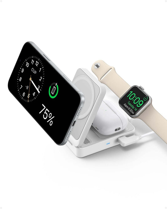 Compact foldable wireless charging station with 3-in-1 functionality for iPhone, AirPods, and Apple Watch