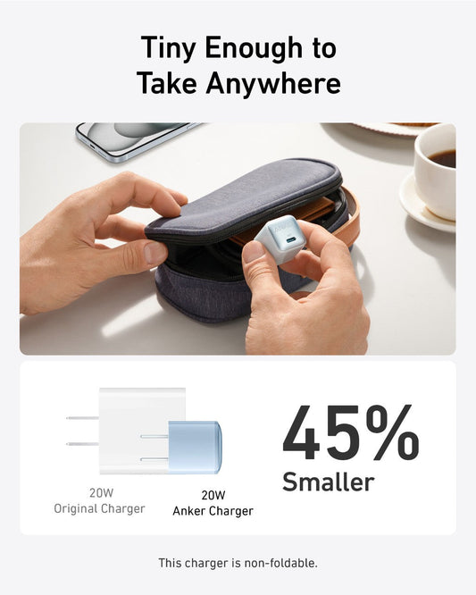 Compact Anker Nano Charger 20W USB-C fast charging adapter with advanced safety features and multiple color options