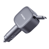 Anker Nano 75W Car Charger with dual USB-C ports and retractable cable in car interior