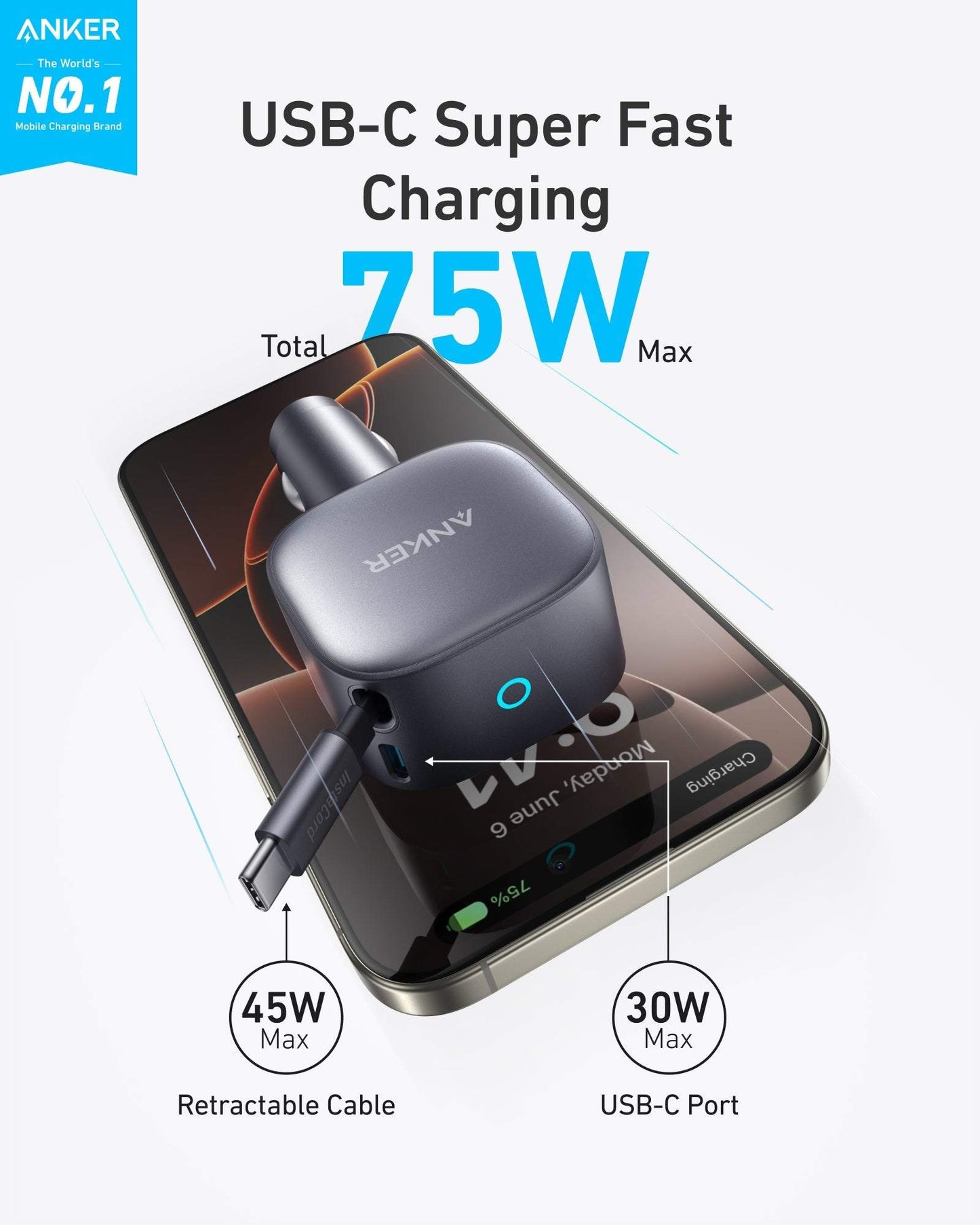 Anker Nano 75W Car Charger with retractable USB-C cable and dual-device fast charging