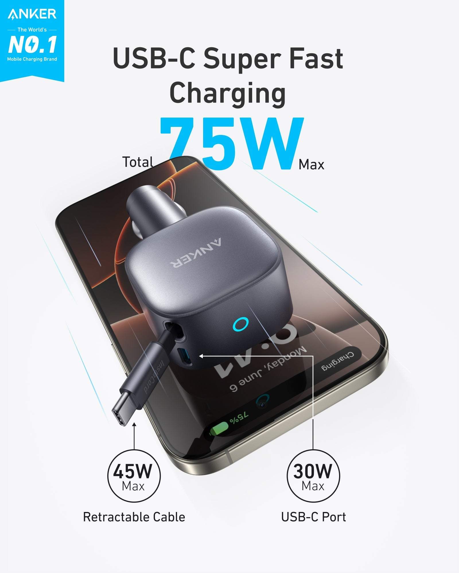 Anker Nano 75W Car Charger with retractable USB-C cable and dual-device fast charging