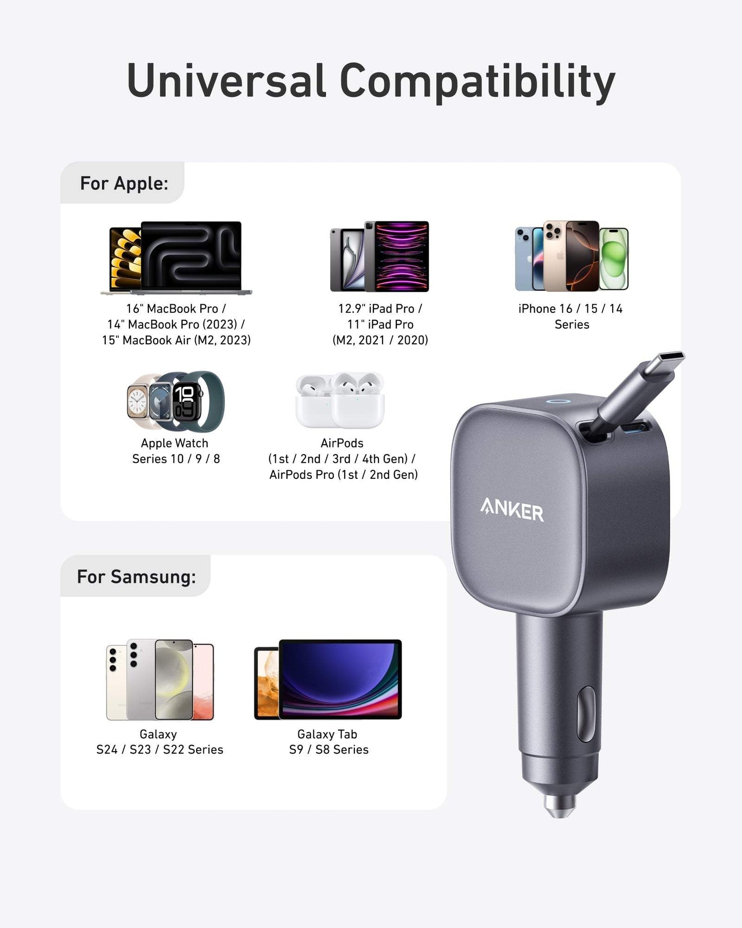 Anker Nano 75W Car Charger with retractable USB-C cable and dual-device fast charging ports