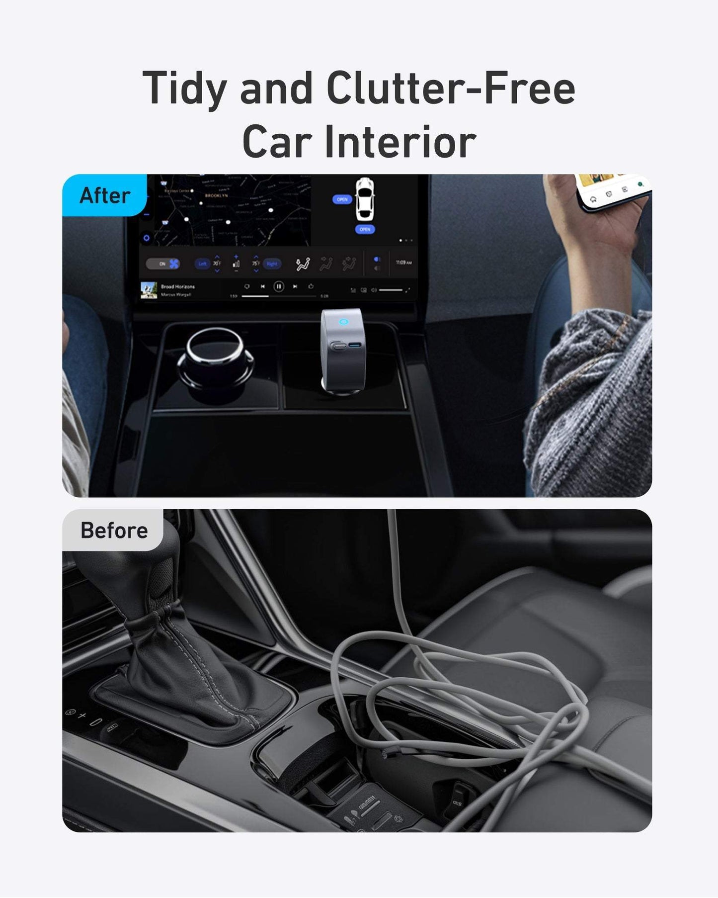 Anker Nano 75W Car Charger with dual USB-C ports and retractable cable in car interior