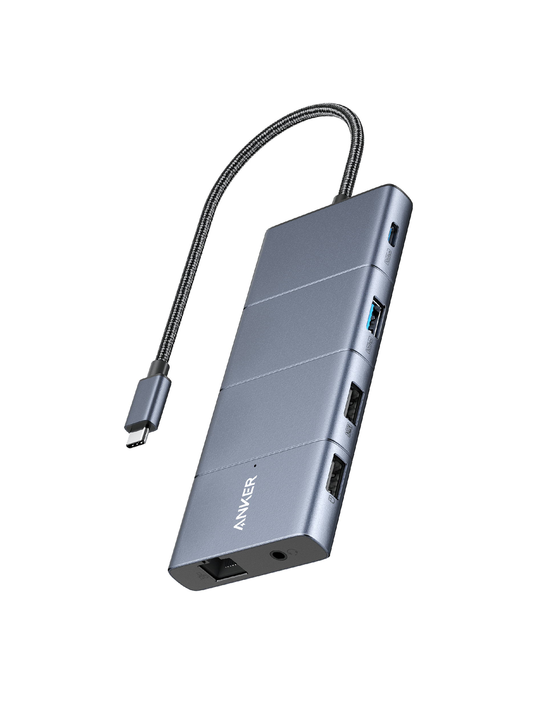 Anker 11-in-1 USB-C Hub with multiple ports including USB-C, USB-A, HDMI, DisplayPort, Ethernet, AUX, and SD card slots for high-speed data transfer and multi-monitor support