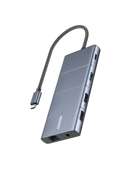Anker 11-in-1 USB-C Hub with multiple ports including USB-C, USB-A, HDMI, DisplayPort, Ethernet, AUX, and SD card slots for high-speed data transfer and multi-monitor support