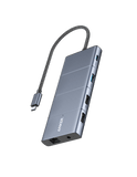 Anker 11-in-1 USB-C Hub with multiple ports including USB-C, USB-A, HDMI, DisplayPort, Ethernet, AUX, and SD card slots for high-speed data transfer and multi-monitor support