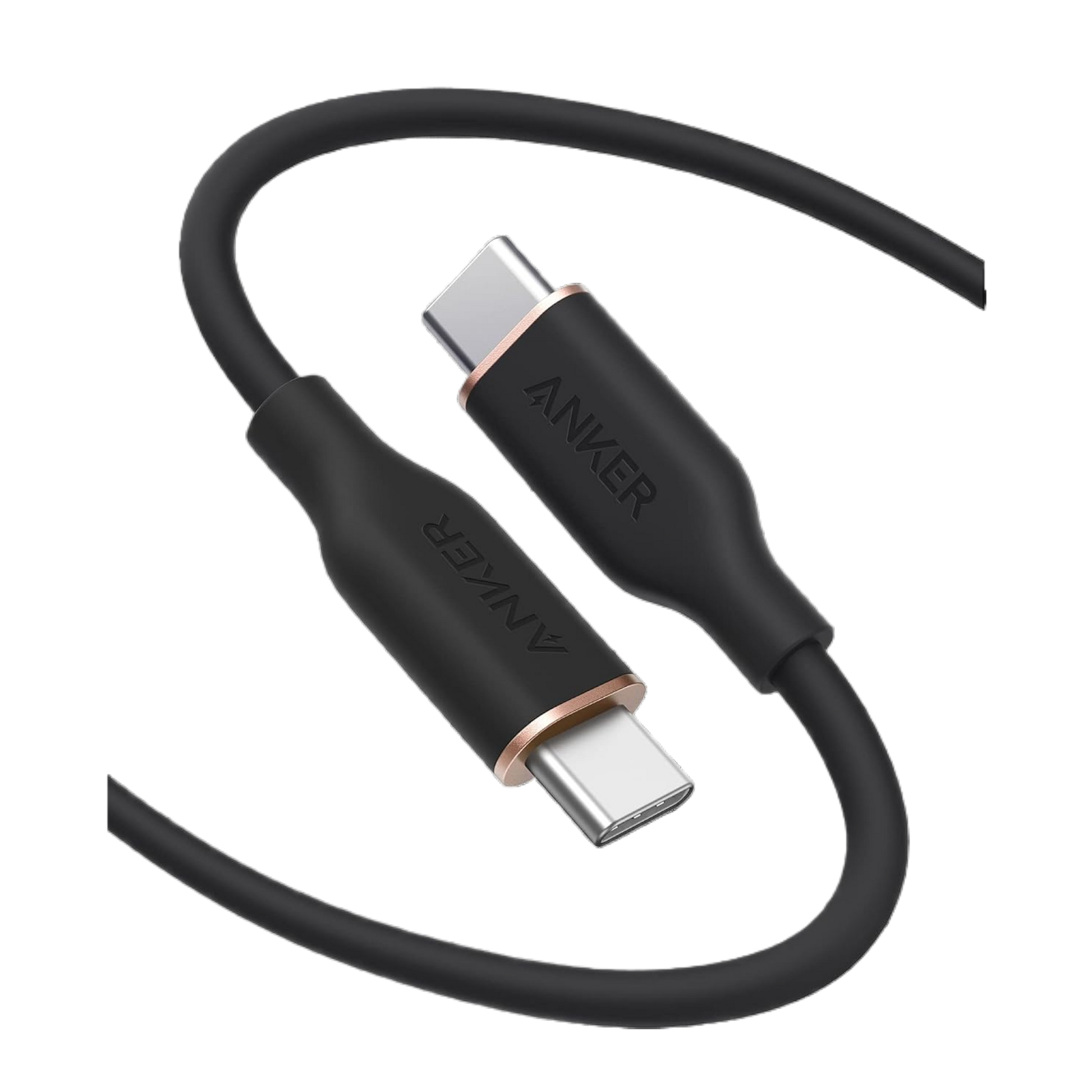 Soft silicone USB-C to USB-C cable with 25,000 bend lifespan, fast 100W charging, and tangle-free design