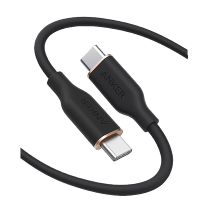 Soft silicone USB-C to USB-C cable with 25,000 bend lifespan, fast 100W charging, and tangle-free design