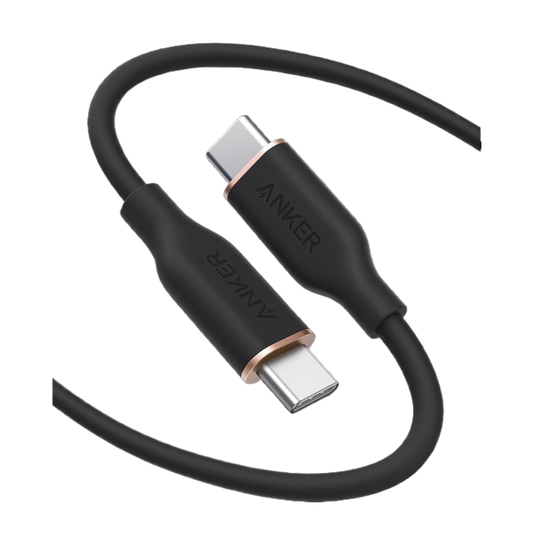 Soft silicone USB-C to USB-C cable with 25,000 bend lifespan, fast 100W charging, and tangle-free design