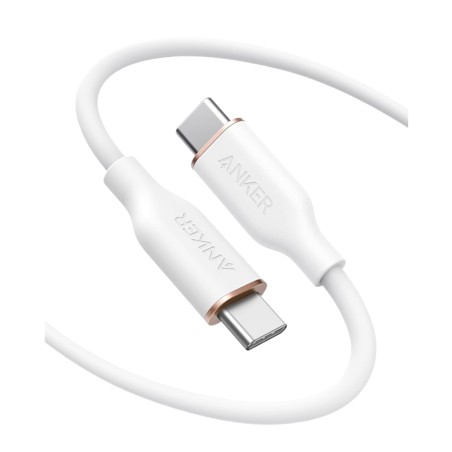 Anker USB-C to USB-C Cable with soft silicone finish, durable 25,000-bend lifespan, tangle-free design, and 100W fast charging support