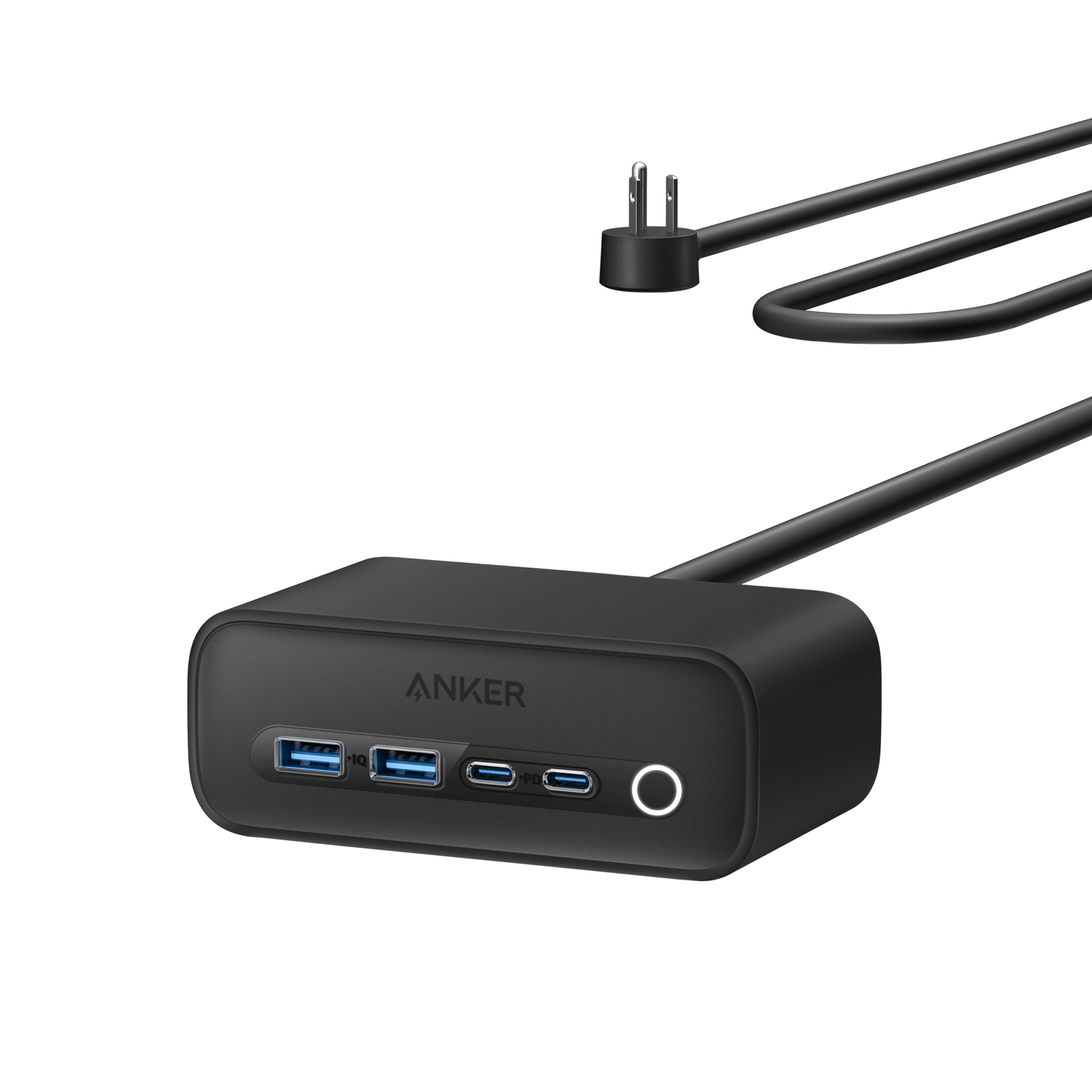 Anker 525 Charging Station with 3 AC outlets, 2 USB-C, and 2 USB-A ports for fast multi-device charging and enhanced safety features.