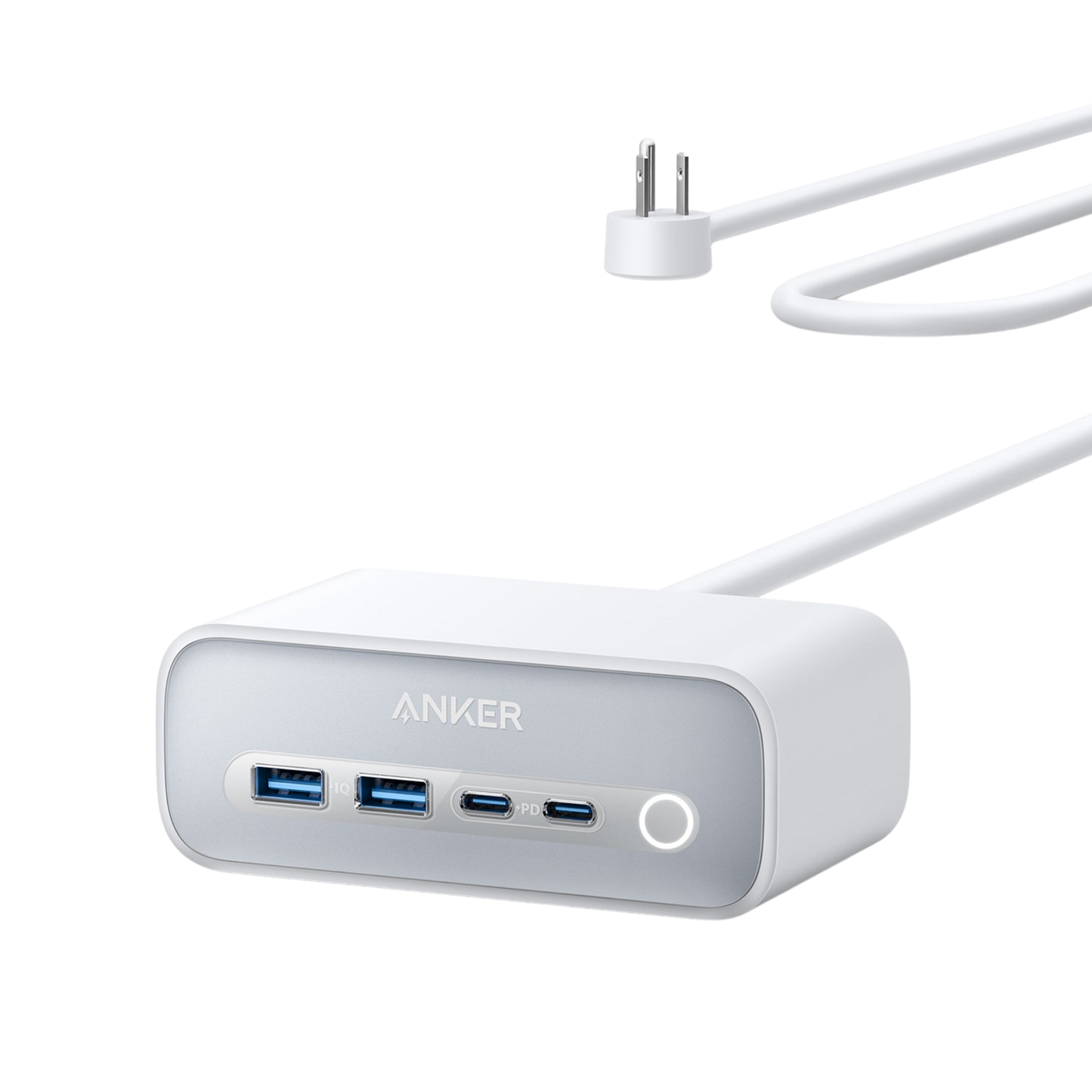 Anker 525 Charging Station with 3 AC outlets, 2 USB-C, and 2 USB-A ports for fast, multi-device charging and enhanced safety features.