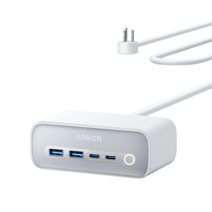 Anker 525 Charging Station with 3 AC outlets, 2 USB-C, and 2 USB-A ports for fast, multi-device charging and enhanced safety features.