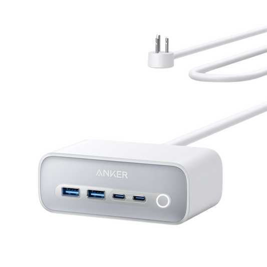 Anker 525 Charging Station with 3 AC outlets, 2 USB-C, and 2 USB-A ports for fast, multi-device charging and enhanced safety features.