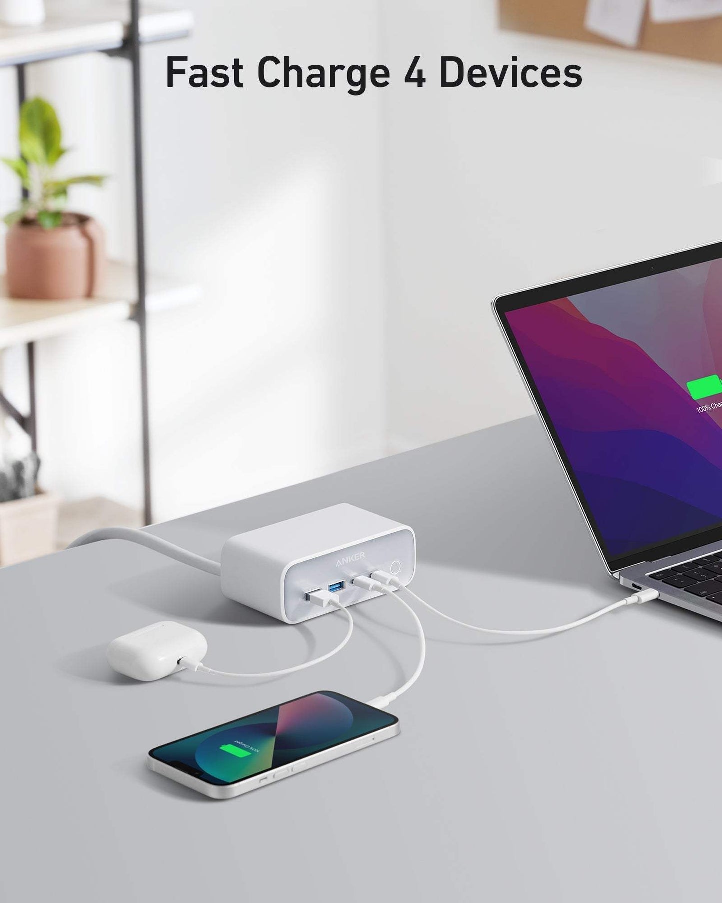 Anker 525 Charging Station with 3 AC outlets, 2 USB-C, and 2 USB-A ports for fast, multi-device charging and enhanced safety features.