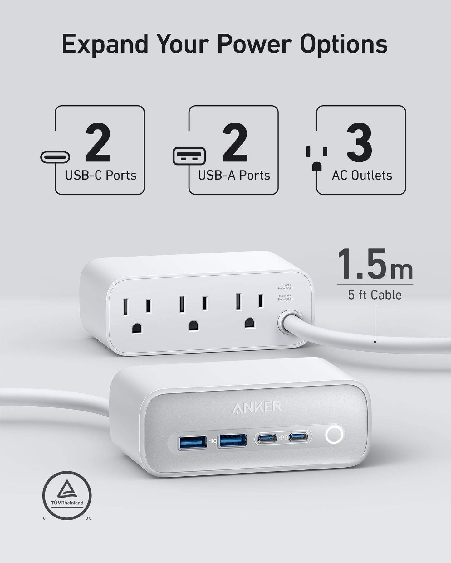 Anker 525 Charging Station with 3 AC outlets, 2 USB-C, 2 USB-A ports, ActiveShield 2.0 safety technology, and fast multi-device charging features