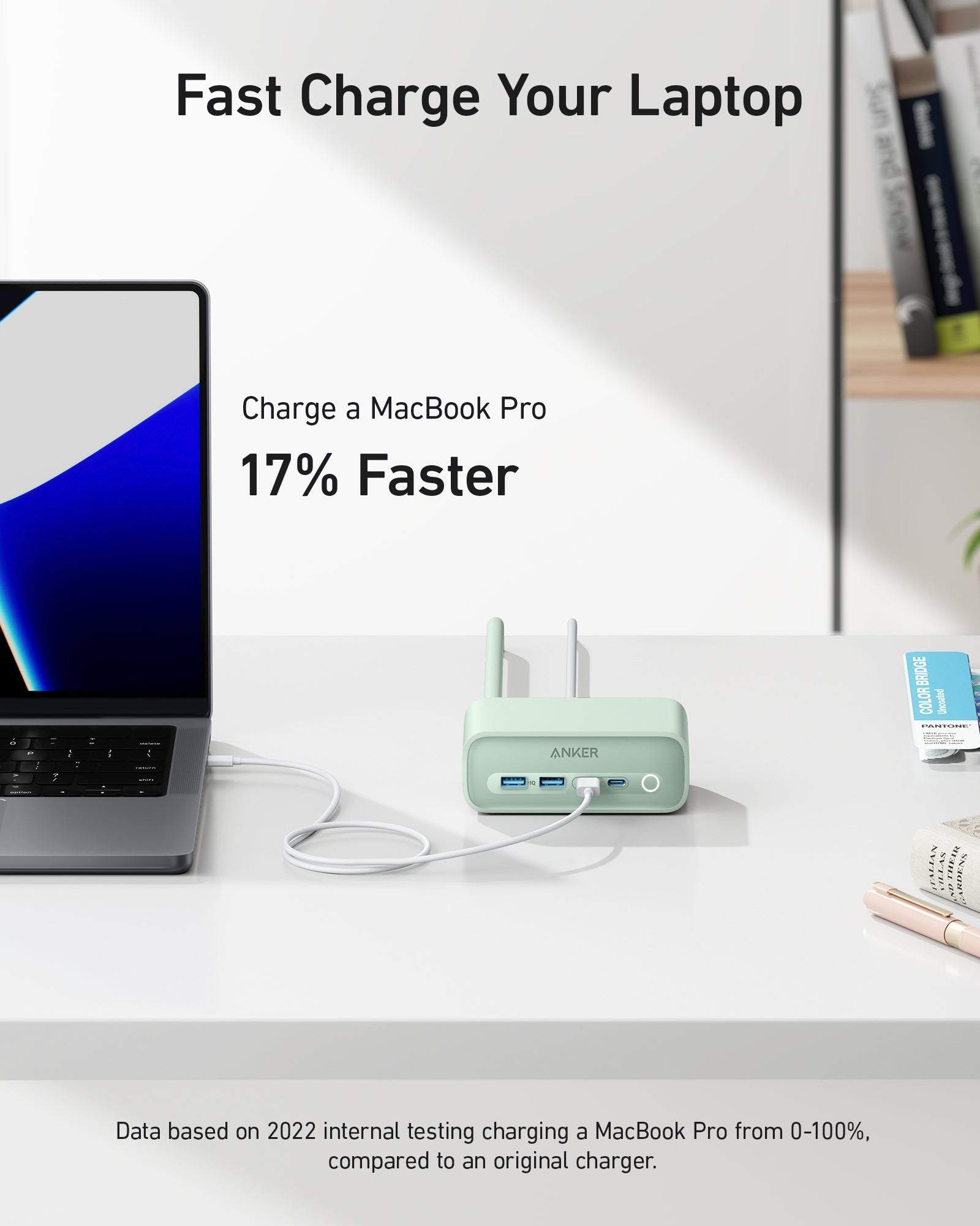 Anker 525 Charging Station with 3 AC outlets, 2 USB-C, 2 USB-A ports, ActiveShield 2.0 technology for safe fast charging of multiple devices.