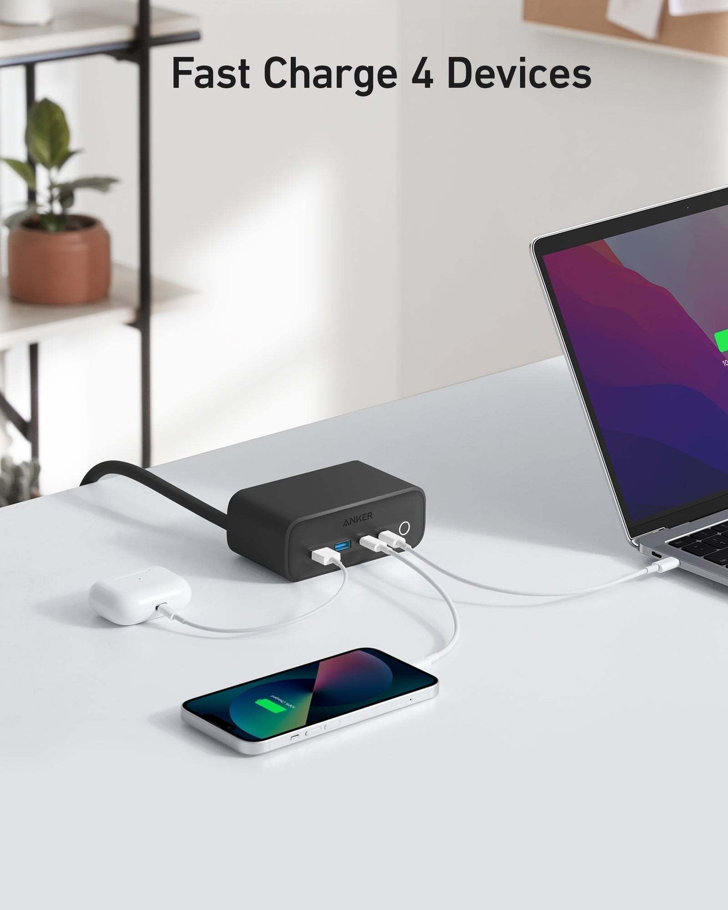 Anker 525 Charging Station with 3 AC outlets, 2 USB-C, and 2 USB-A ports for fast multi-device charging and enhanced safety.