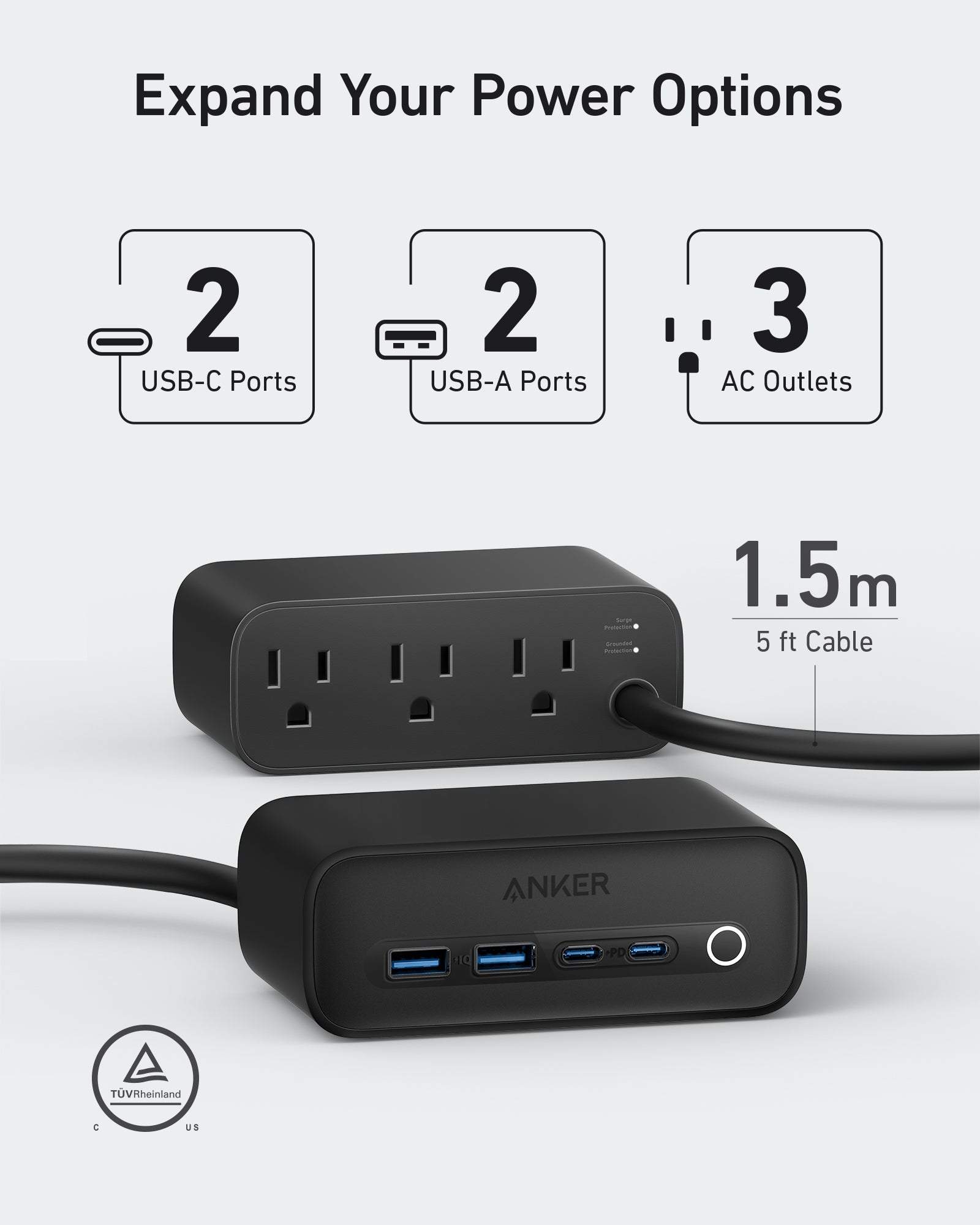 Anker 525 Charging Station with 3 AC outlets, 2 USB-C, and 2 USB-A ports for fast, multi-device charging and enhanced safety