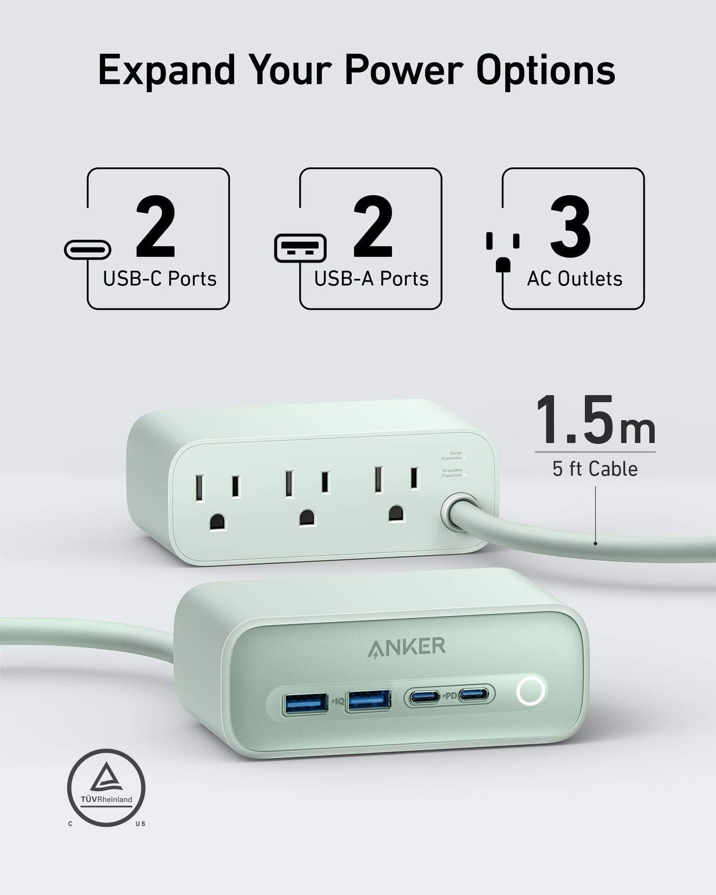 Anker 525 Charging Station with 3 AC outlets, 2 USB-C, and 2 USB-A ports for fast, multi-device charging and enhanced safety features