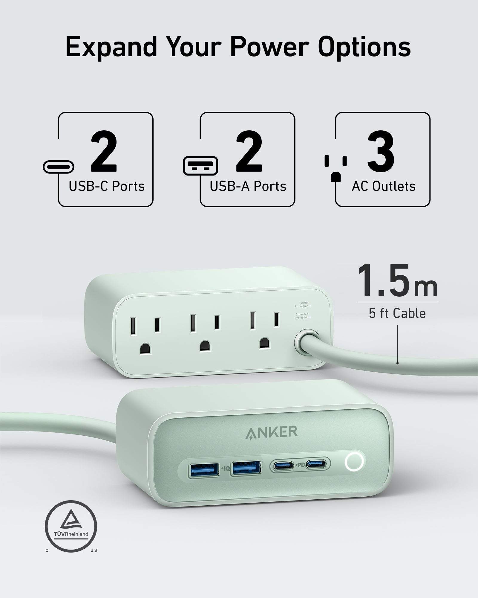 Anker 525 Charging Station with 3 AC outlets, 2 USB-C, and 2 USB-A ports for fast, multi-device charging and enhanced safety features