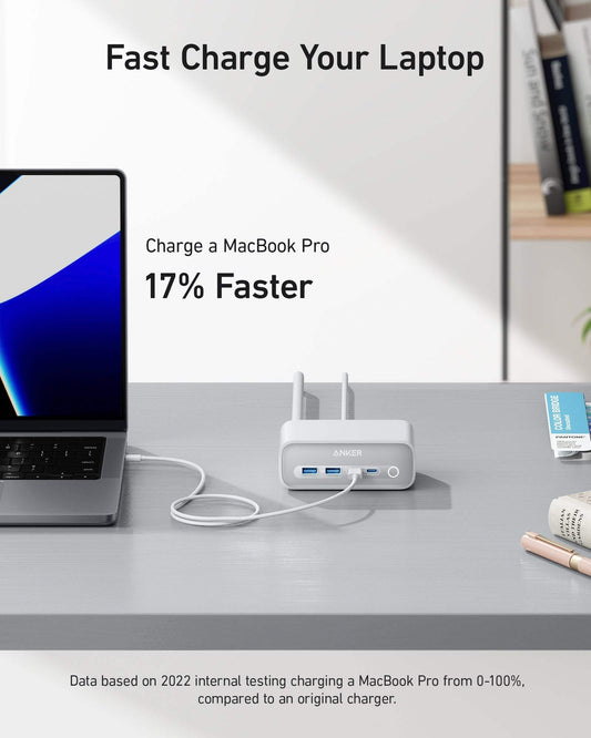 Anker 525 charging station with 3 AC outlets, 2 USB-C, and 2 USB-A ports for multi-device fast charging and enhanced safety features