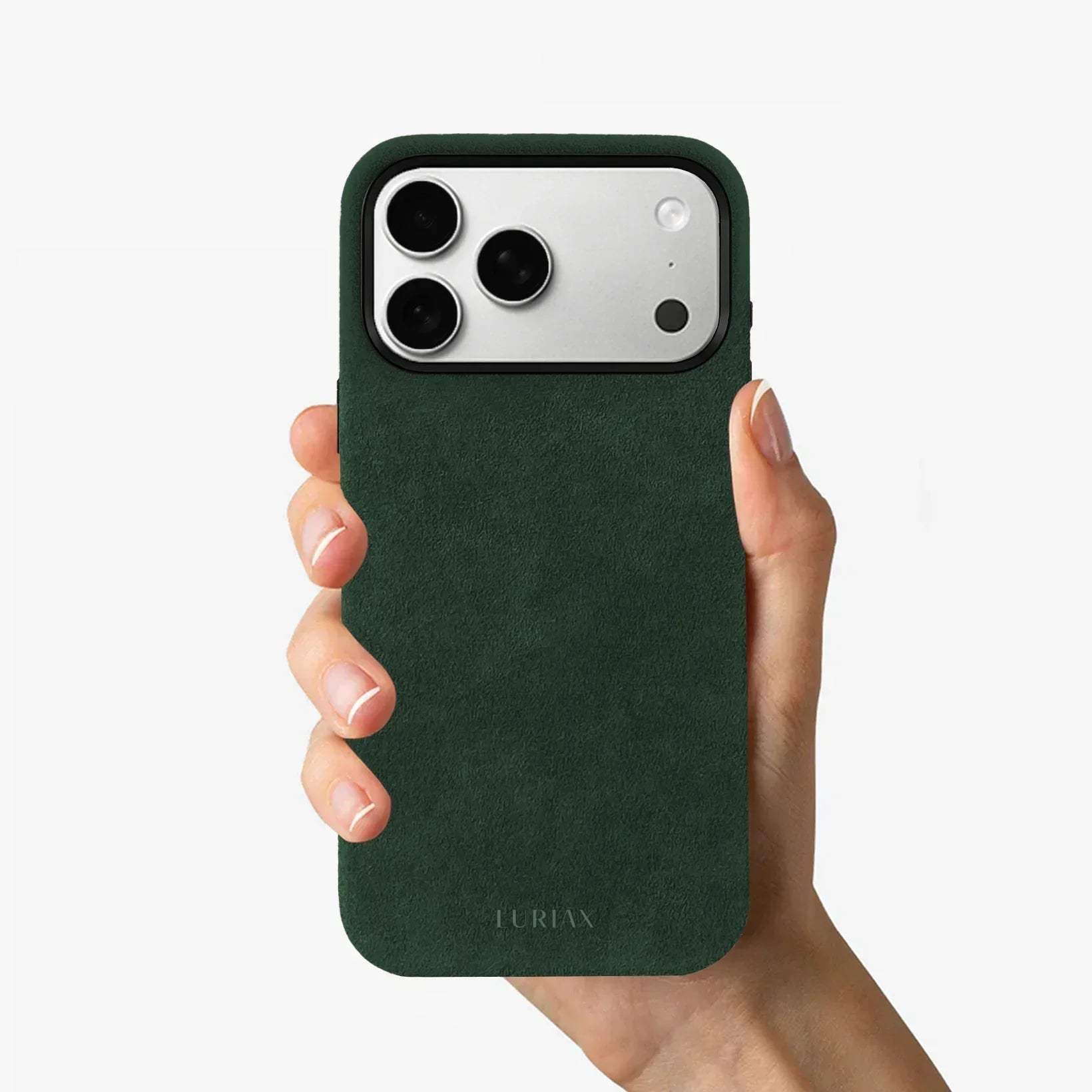 The Modern iPhone 17 Case in Italian Alcantara with black aluminum buttons and 360° protection