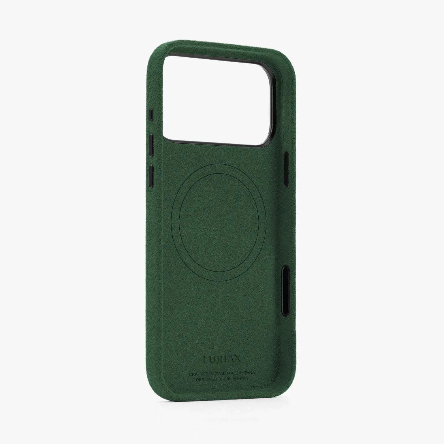 The Modern iPhone 17 Case in black Alcantara with aluminum buttons, 360° protection, and MagSafe compatibility