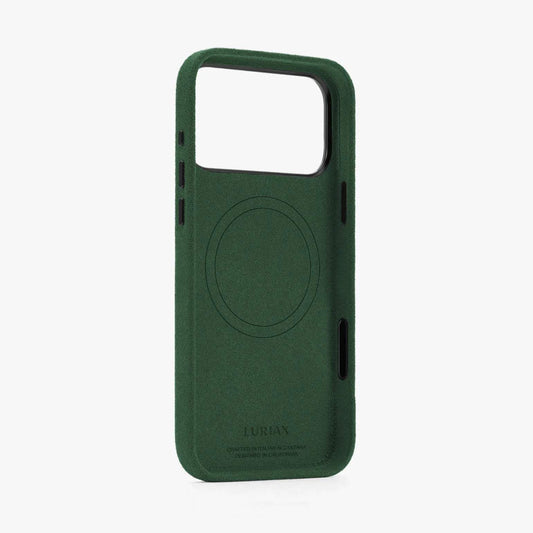 The Modern iPhone 17 Case in black Alcantara with aluminum buttons, 360° protection, and MagSafe compatibility