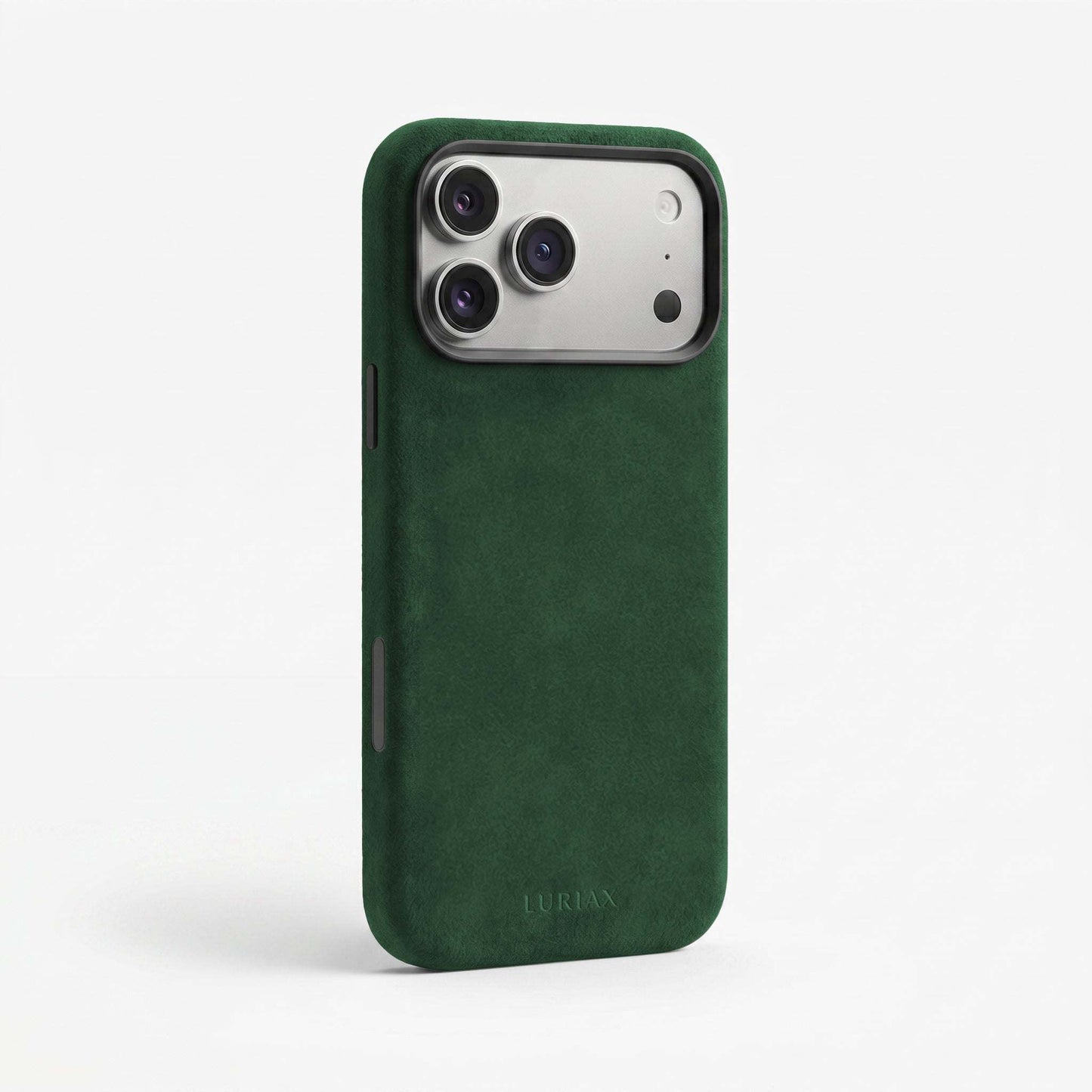 The Modern iPhone 17 Case fully wrapped in Italian Alcantara with black aluminum buttons and 360° protection