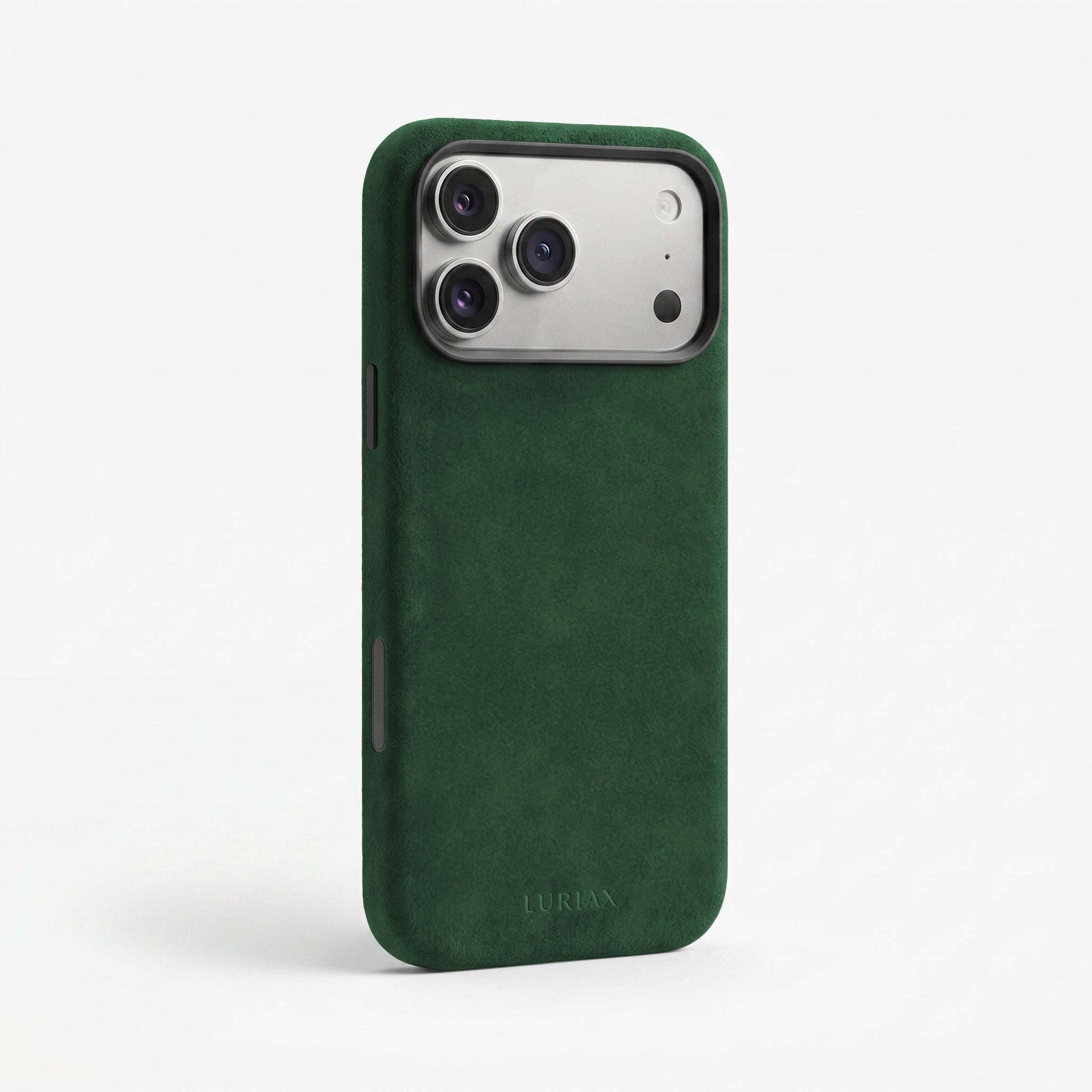 The Modern iPhone 17 Case fully wrapped in Italian Alcantara with black aluminum buttons and 360° protection