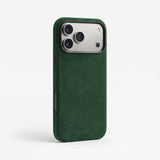 The Modern iPhone 17 Case fully wrapped in Italian Alcantara with black aluminum buttons and 360° protection