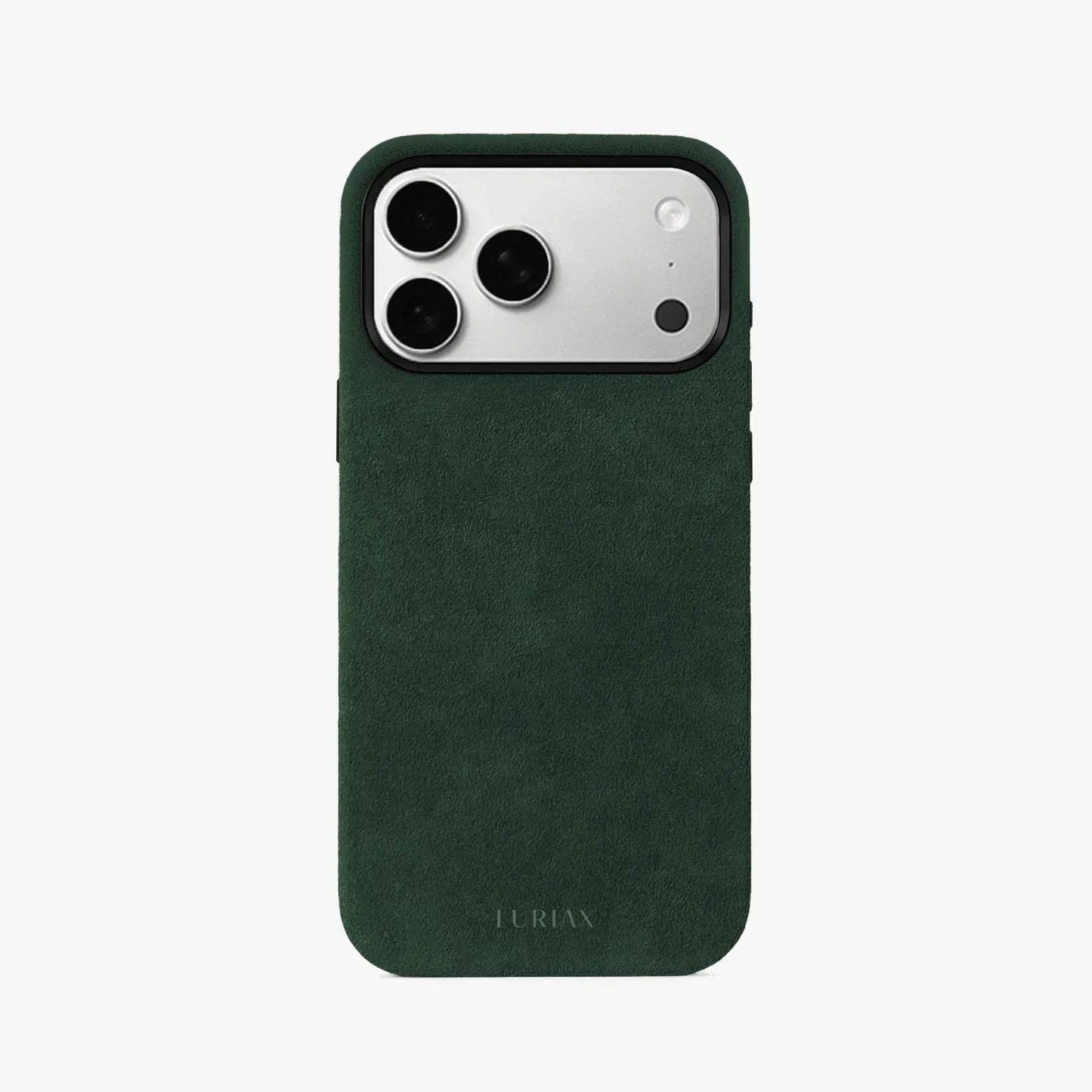 The Modern iPhone 17 Case in black Alcantara with aluminum buttons, 360° protection, and MagSafe compatibility