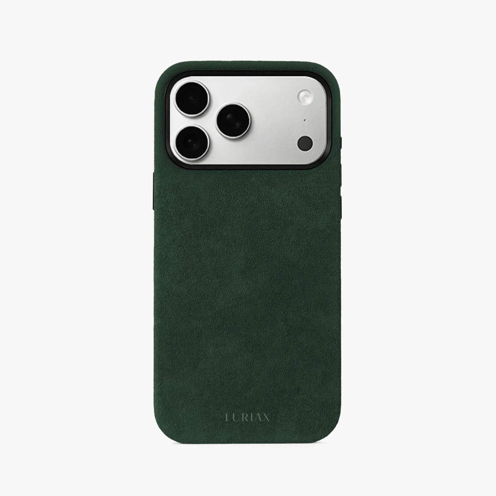 The Modern iPhone 17 Case in black Alcantara with aluminum buttons, 360° protection, and MagSafe compatibility