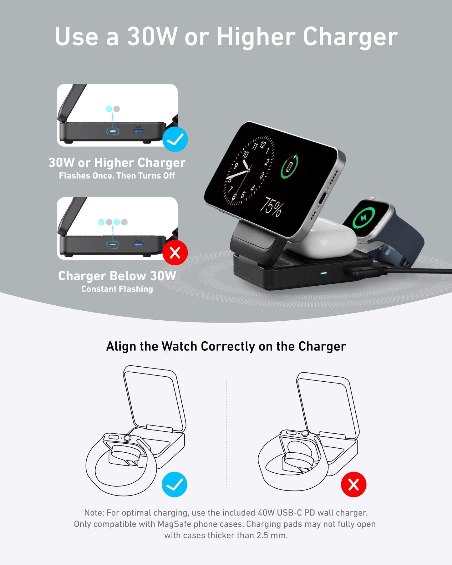 Foldable 3-in-1 wireless charging station for iPhone, AirPods, and Apple Watch with 15W fast charging and built-in phone stand