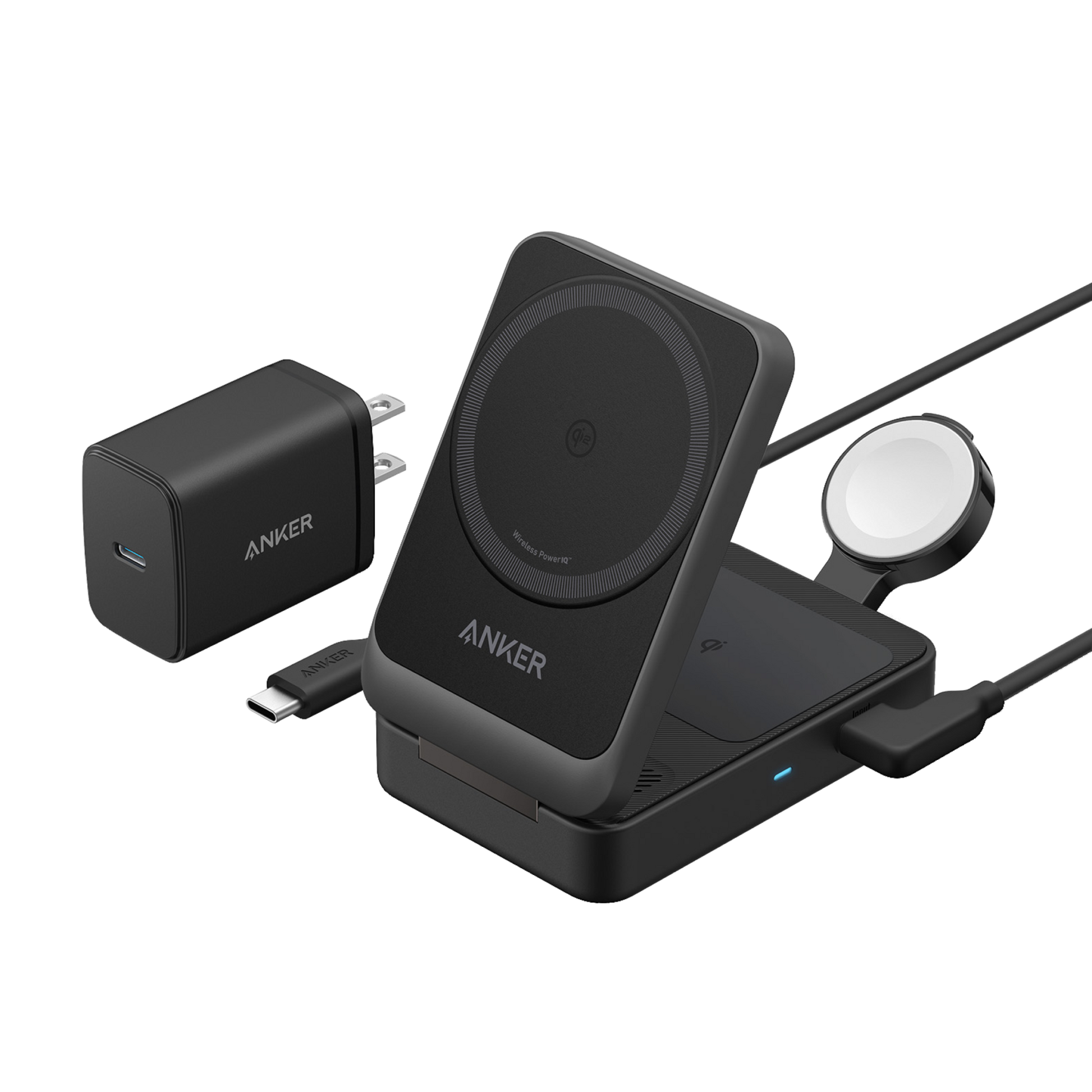 Foldable 3-in-1 wireless charging station with 15W fast charge for iPhone, AirPods, and Apple Watch