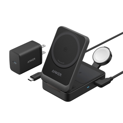 Foldable 3-in-1 wireless charging station with 15W fast charge for iPhone, AirPods, and Apple Watch