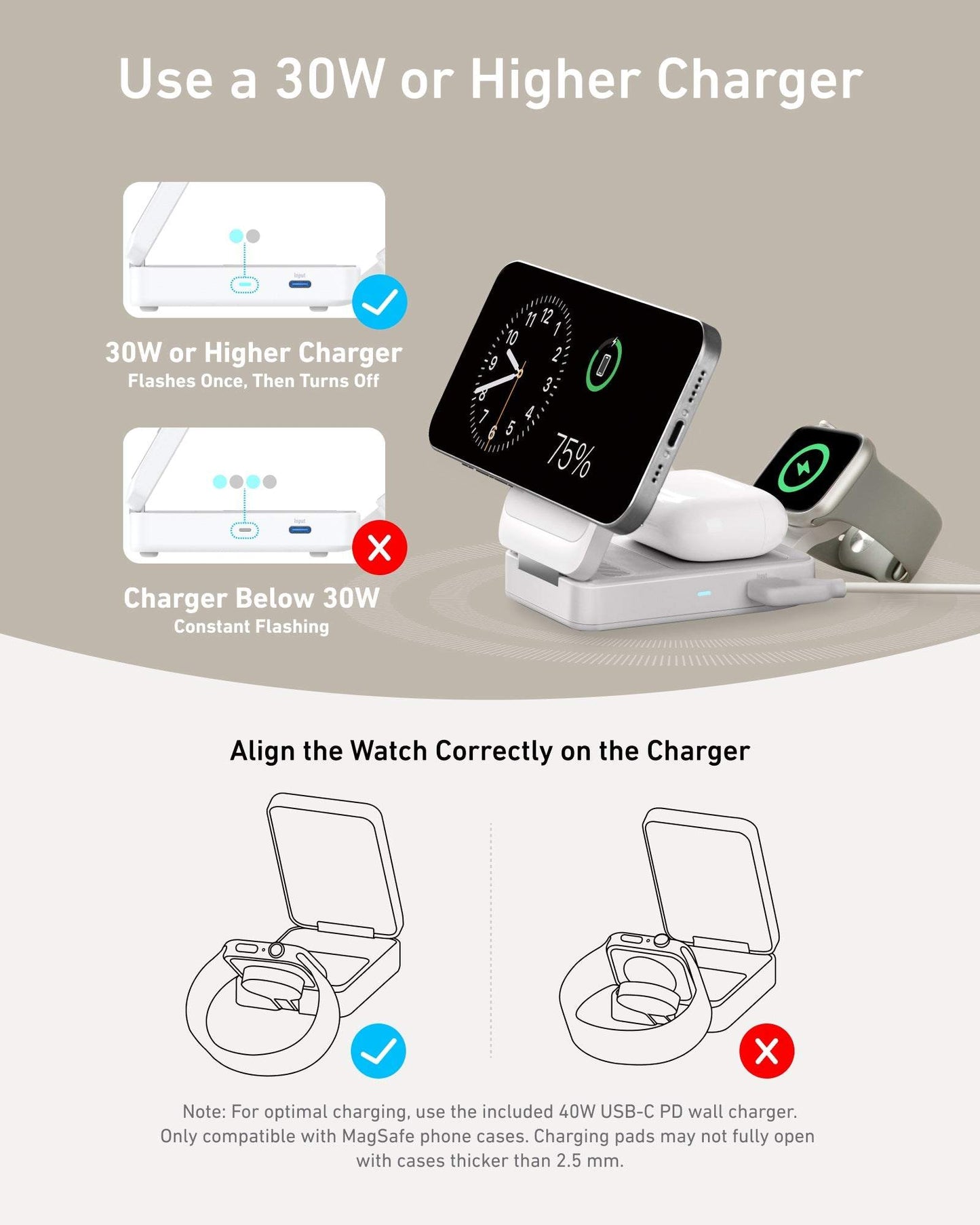 Foldable 3-in-1 wireless charging station with 15W ultra-fast Qi2-certified charging for iPhone, AirPods, and Apple Watch
