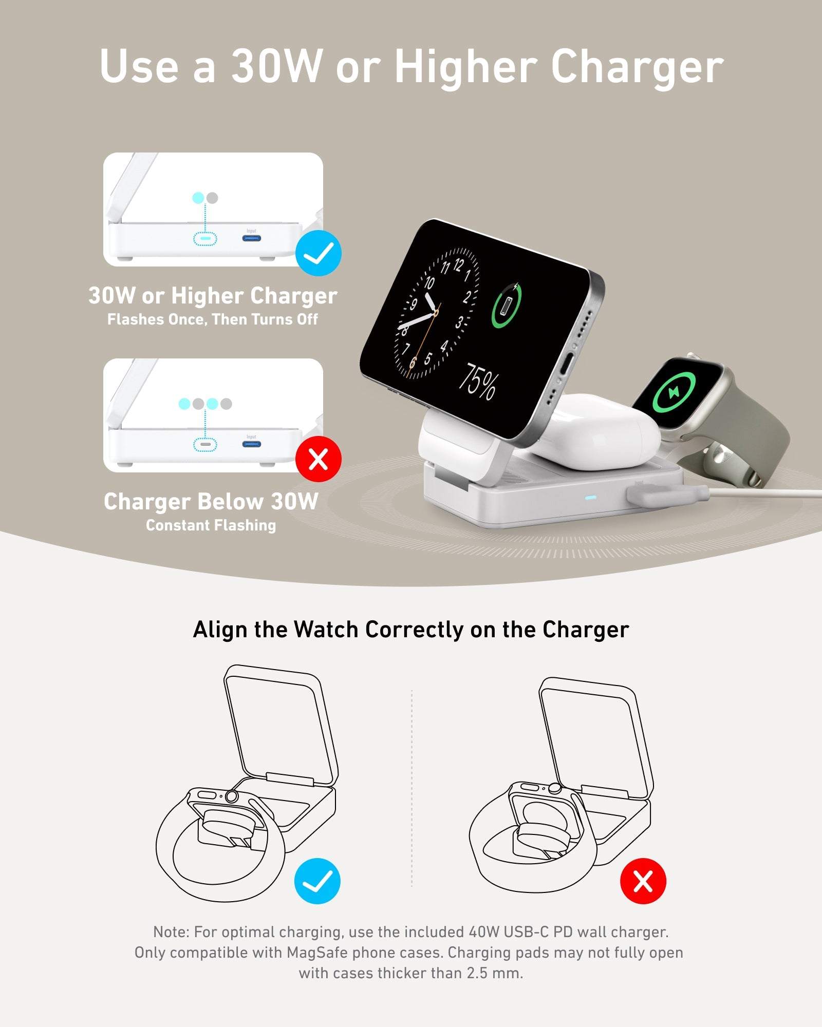 Foldable 3-in-1 wireless charging station with 15W ultra-fast Qi2-certified charging for iPhone, AirPods, and Apple Watch