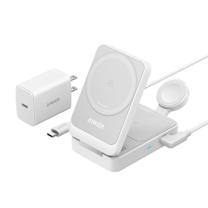 Foldable 3-in-1 wireless charging station with 15W ultra-fast MagSafe compatible charger for iPhone, AirPods, and Apple Watch
