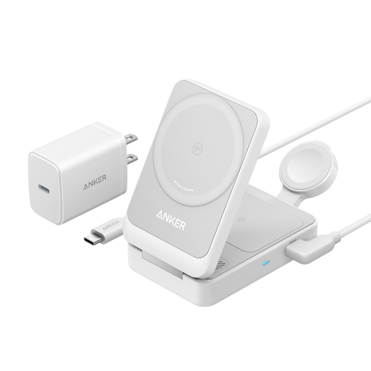 Foldable 3-in-1 wireless charging station with 15W ultra-fast MagSafe compatible charger for iPhone, AirPods, and Apple Watch