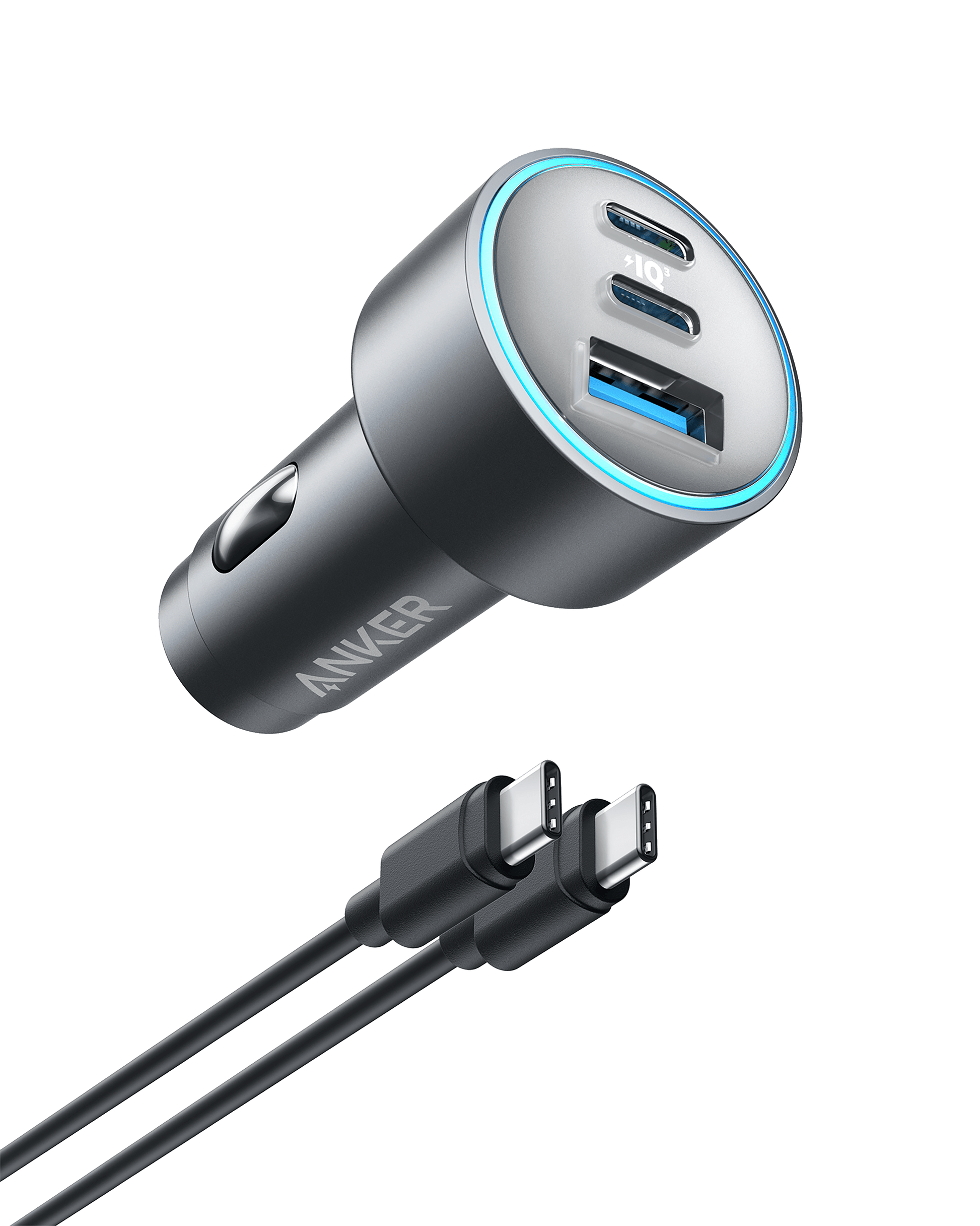 Compact Anker 67W car charger with two USB-C ports and one USB-A port for simultaneous high-speed charging