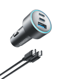Compact Anker 67W car charger with two USB-C ports and one USB-A port for simultaneous high-speed charging
